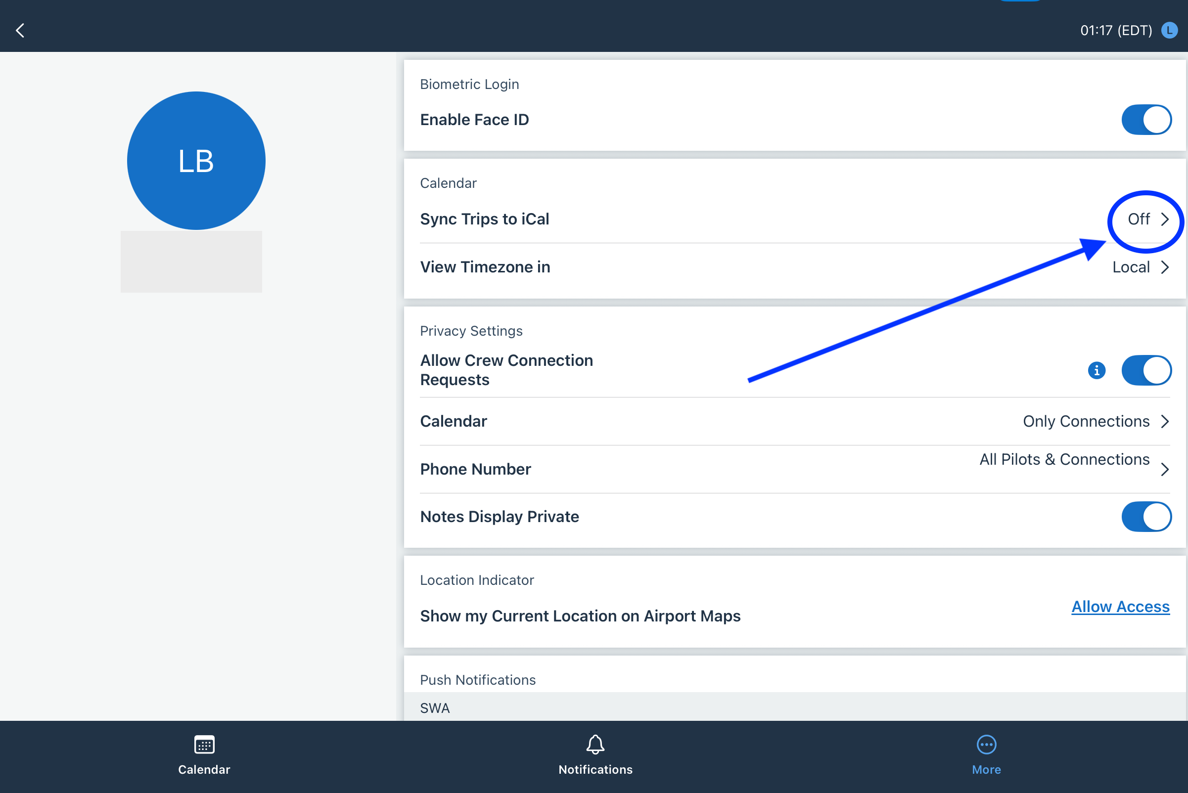 Tap Sync Trips to iCal